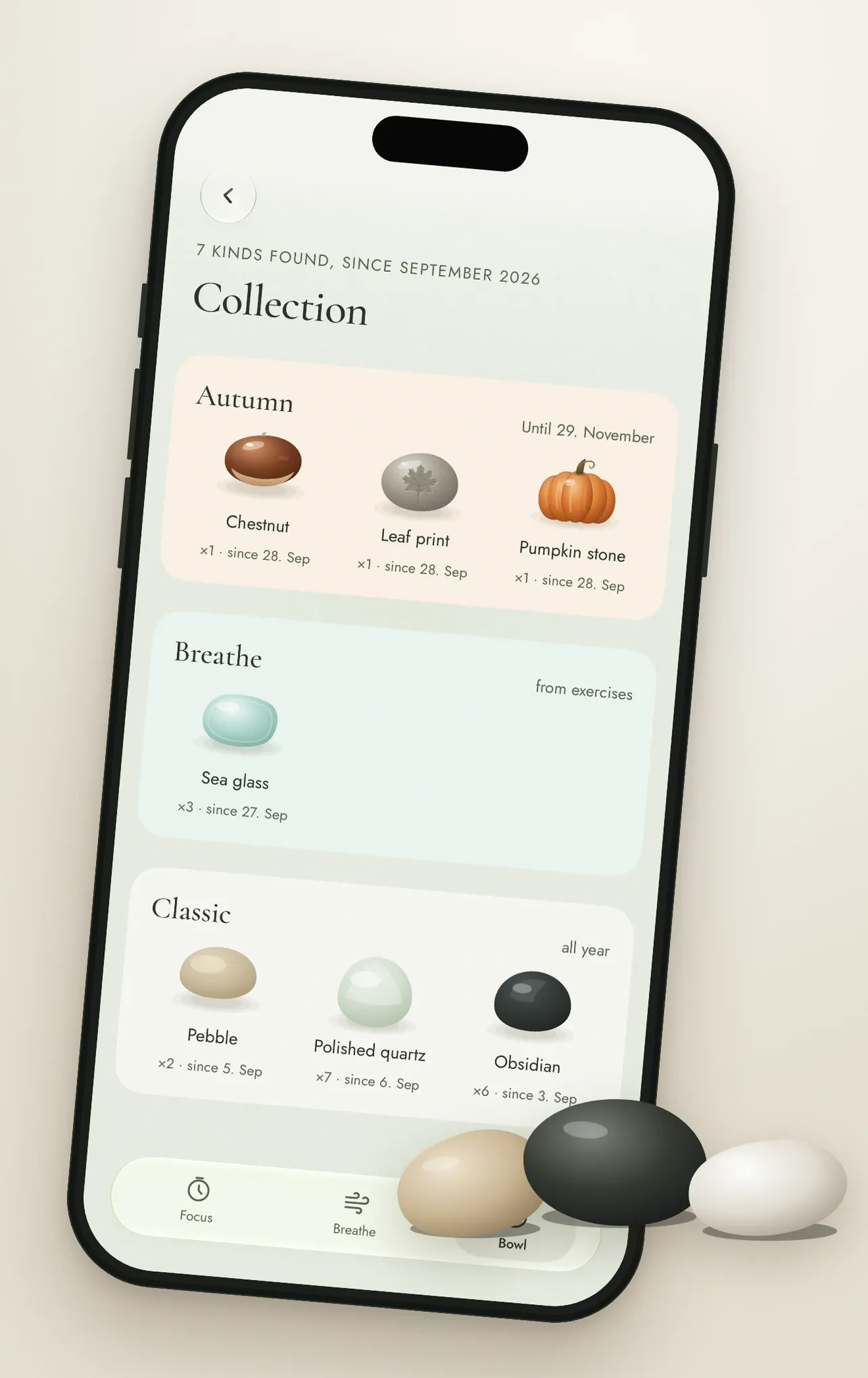 Pausean auf dem iPhone: die Sammlung mit Herbststeinen, Meerglas und den klassischen Steinen