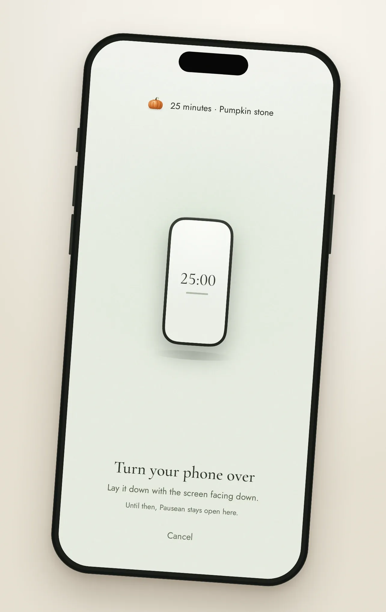 Pausean auf dem iPhone: die Aufforderung, das Handy umzudrehen, mit 25 Minuten und dem Kürbisstein